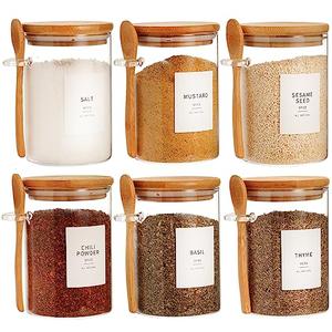 HHMJSM 5 Pcs Glass Jar with Bamboo Lid and Spoon - 17 oz Large Sugar Container with 148 Kitchen Pantry Spice Jar Labels Preprinted - Glass Containers with Wooden Lids Hold Coffee, Tea, Candy