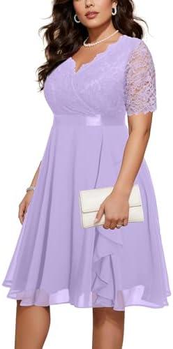 Talisea Plus Size Wedding Guest Dress - Formal Cocktail Party Ruffle Elegant Tea Length Lace Chiffon V Neck Midi Dresses,16W