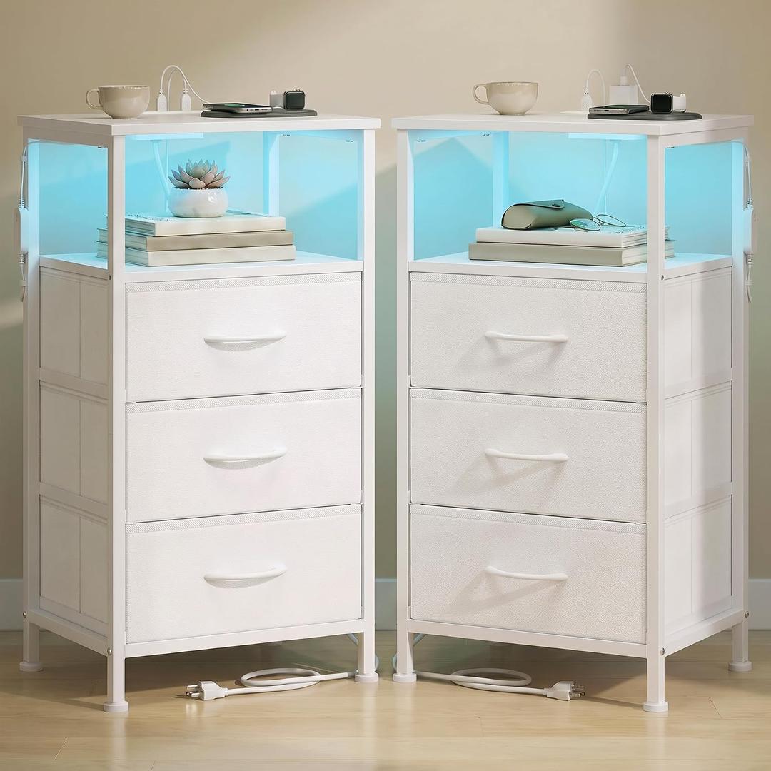 SONGMICS Nightstand with Charging Station, 3 Fabric Drawers, 11.8"D x 15.6"W x 29.9"H