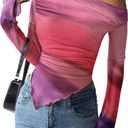 PRETTYGARDEN Womens Fall Trendy Off Shoulder Y2k Tops 2025 Tie Dye Mesh Long Sleeve Shirts Asymmetrical Ruched Floral Blouse (X-Small, Multicolour Print)