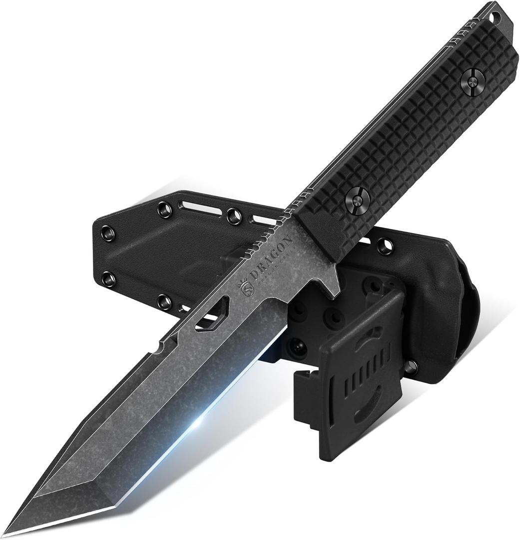 Dragon Creek Tactical Knife Kydex - Outdoor Survival Knife with Sheath D2 Steel Blade G10 Full Tang Handle for Camping Hiking Christmas Thanksgiving Gift Men Black