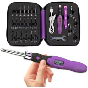 Upgraded Counting Crochet Hook Set - 24-in-1 Interchangeable Hooks Kit - Light Up, Digital Stitch & Row Counter- No Need to Move Fingers- Ergonomic for Arthritic Hands - Cool Gift (Purple-24 Size)