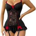 Lilosy Sexy Stocking Garter Belt Bows Floral Lace Babydoll Corset Push Up Teddy Lingerie Set with Panty, XL