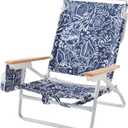 5-Position Low Beach Chair, Portable Lightweight Folding Beach Chair with Wooden Armrests, Storage Pouch & Carry Strap, Coastal Beach Print Reef Indigo