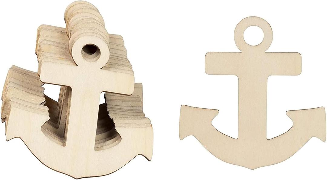 Wooden Anchor Cutouts - 3.7 x 3.5 in Pack of 24 - Unfinished Plywood Craft Wood Shapes for DIY Painting & Nautical Decor