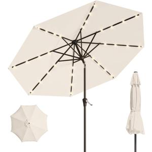 10FT Solar Umbrella 32 LED Lighted Patio Umbrella Table Market Umbrella w/Tilt and Crank, UV-Resistant Outdoor Umbrella for Pool, Garden, Deck, Creamy White
