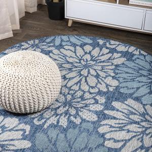 JONATHAN Y Floral Textured Weave Indoor Outdoor Round Area Rug 5 Ft Navy/Aqua, Zinnia Modern for Backyard, Patio, Porch, Easy-Cleaning, High Traffic, Pet-Friendly, Non-Shedding (SMB110C-5R)