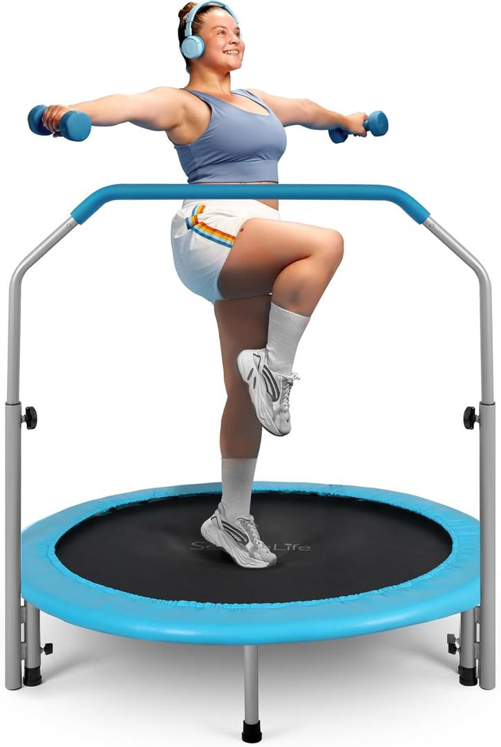 SereneLife 40" Foldable Mini Trampoline - Compact Fitness Trampoline for Kids Adults, Exercise Rebounder with Adjustable Foam Handle, Indoor/ Garden Workout Equipment, Max Load 200 lbs, Sky Blue