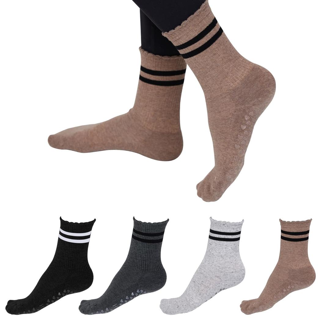 BOYLISH 4 Pairs Non-Slip Pilates Yoga Socks for Women Anti-Skid Grip for Balance & Stability, Mid-Calf Athletic Socks for Barre, Studio, or Home Crew Socks Breathable, Soft, and Comfortable