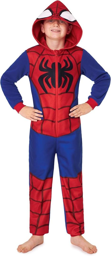 Marvel Spiderman One Piece Pajamas Set Boys, Teens, Fleece Hooded Jumpsuit, Superhero Outfit, Loungewear PJs, Gifts for Boys (5-6 Years, Blue/Red)