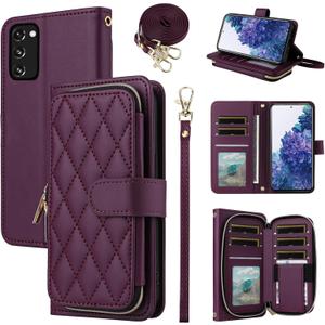 Wallet Case for Samsung Galaxy S20 FE 5G 6.5 inch with Wrist Strap, 9+ Card Slots Zipper Purse, PU Leather Stand Phone Cover for S 20 EF UW S20FE5G S20FE 20S S2O Fan Edition 4G G5 Deep Purple (Wine Red)