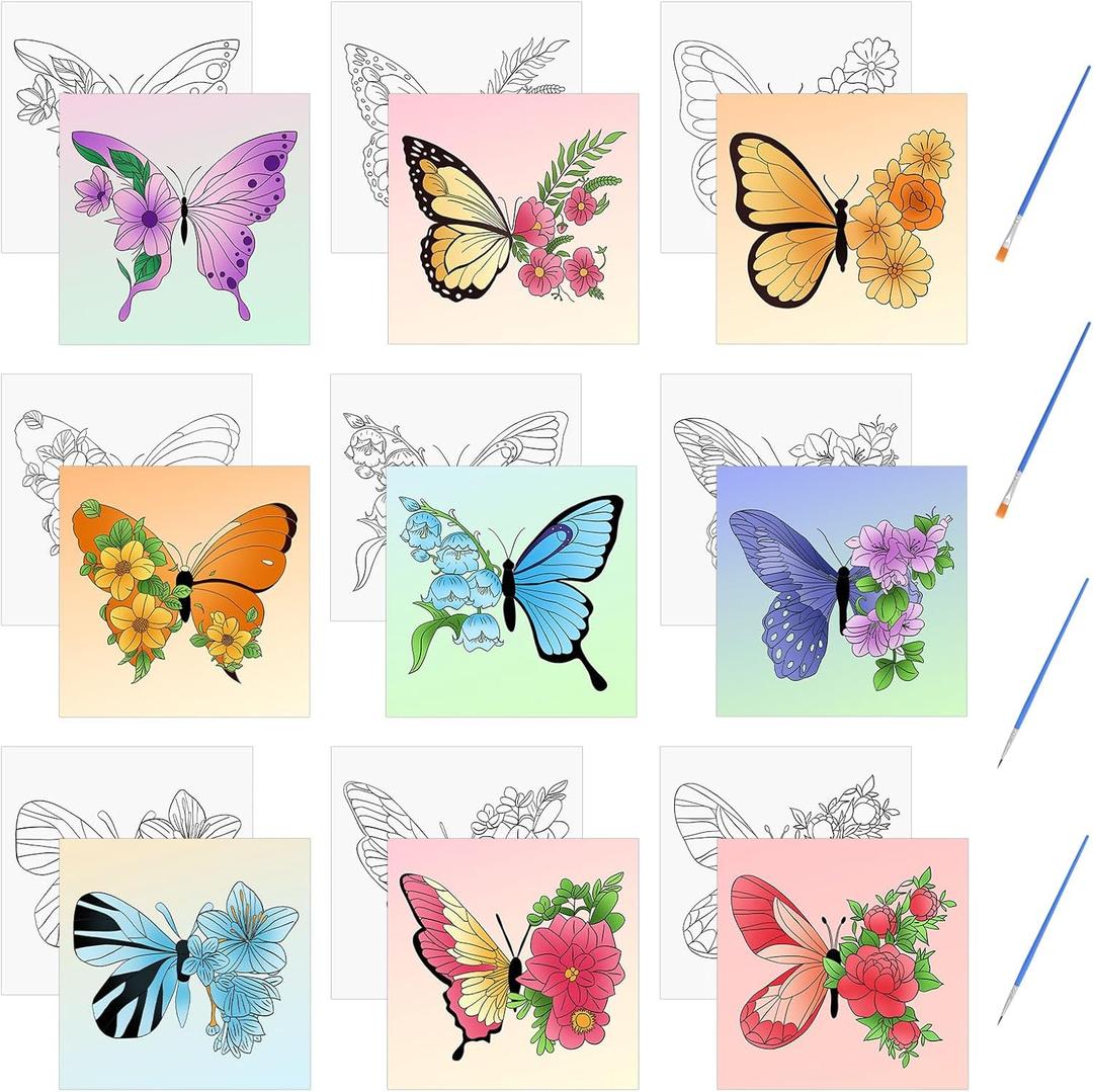 HICOHAND Pre Printed Canvases, 9 PCS Butterfly Painting Canvas 7.87 * 7.87 Butterfly Floral Themed Painting Canvas with Brush for Party Student Adults DIY Gift