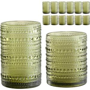 Vintage Glassware Drinking Glasses Set of 12,Green 12oz & 15oz Hobnail Glass Cups,Embossed Water Tumbler,for Beer,Cocktail,Whiskey,Juice and Various Mixed Drinks- 1 Cleaning Brush
