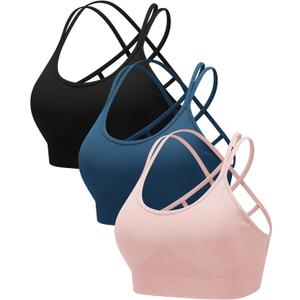 RUNNING GIRL Sports Bras for Women Pack Criss Cross Back Sexy Strappy Sports Bra Seamless Padded Yoga Bra with Removable Cups (2942 Black/Navy/Pink XL)