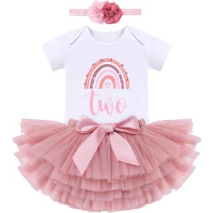 ODASDO Baby Girl Boho Rainbow 1st 2nd Birthday Cake Smash Outfit Romper Tutu Skirt Headband 3pcs Set Photo Props (2T, Dusty Pink - Two)