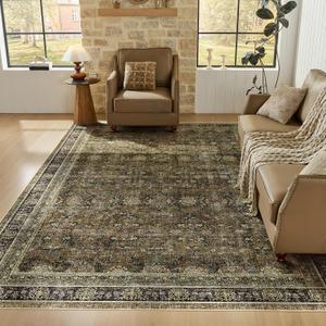 WITSHOCK Olive Green Dining Room Rugs for Under Table: Boho Modern Vintage Moody Retro Antique Neutral, 9x12 Brown Washable Non-Slip Ultra-Thin Large Area Rugs for Living Room Bedroom Nursery Lounge