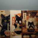 Framed Funny Black Cat Canvas Wall Art Set of 3, Vintage Japanese Cat Eating Ramen Wall Decor, Cute Animal Poster Prints, Edo Period Paintings Pictures for Living Room Kitchen Dining Room 16x24 inch