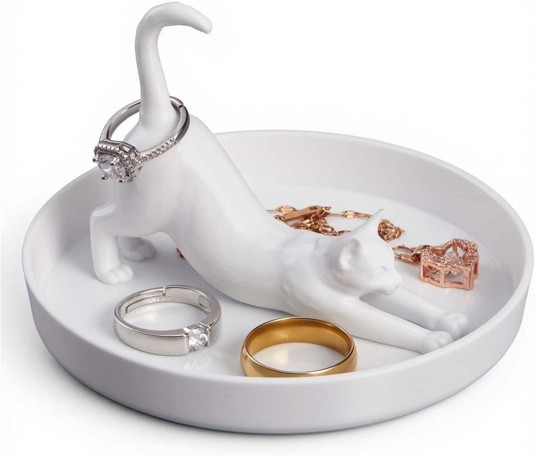 Qinyoung Ring Holder Dish 3D Printed Jewelry Holder Dish for Rings Earrings Trinkets Tray Jewelry Organizer Gifts for Mother's Day Women Girls Mom Home Desk Decor(Cat)