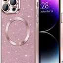Hython for iPhone 14 Pro Max Case Glitter, Clear Magnetic Phone Cases with Camera Lens Protector [Compatible with MagSafe] Bling Plating Soft TPU Slim Shockproof Protective Cover Women Girls, Pink
