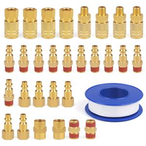 Industrial Air Coupling 30Pieces,1/4" Hose Barb, 1/4" Basic Flow Quick Connect Air Coupler With Adhesive Tape, Max Inlet Pressure 300 PSI Brass Air Compressor Accessories (30pcs 1/4'' NPT Set)