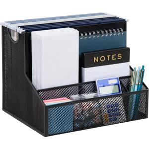 Mind Reader Desktop Organizer with Hanging File Storage, 4 Compartment Letter Size File Holder, Metal Mesh Desk Organizer for Office and Home, Black