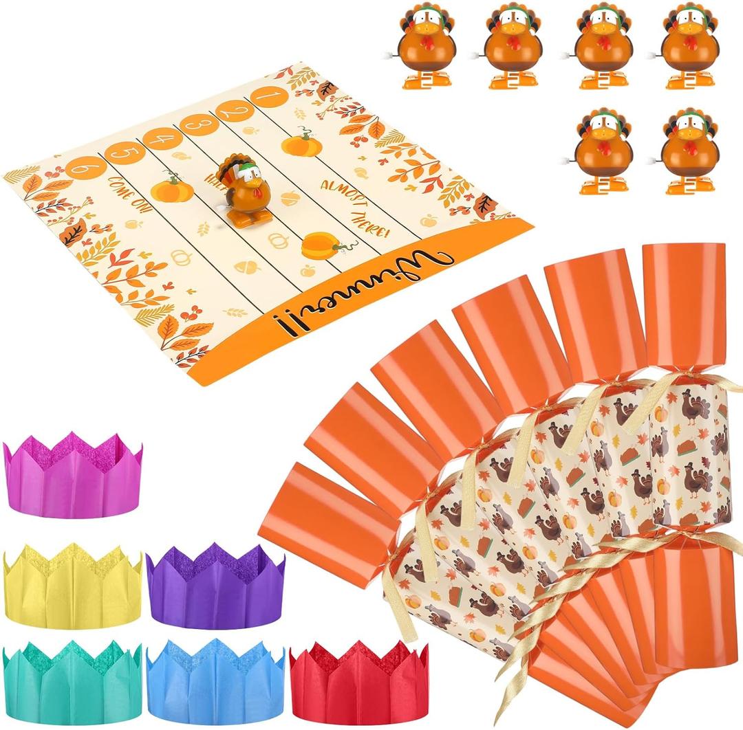 6 Packs Thanksgiving Party Table Favors Thanksgiving No Snap Crackers Poppers with Wind up Turkey Paper Hat Fall Holiday Table Favor Supplies Racing for Adults