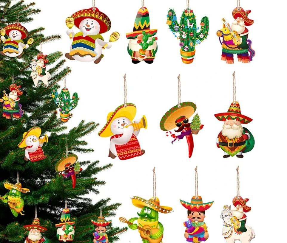 Blulu 30 Pcs Wooden Mexican Christmas Ornaments Xmas Decorations Hanging Ornaments Funny Cinco De Mayo Decor Gift Santa Sign for Christmas Tree Winter Holiday Party Decorations Outdoor Indoor