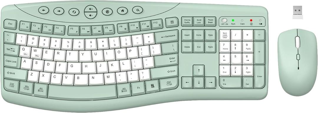 Wireless Keyboard and Mouse Combo, 2.4G Full Size Quiet Ergonomic Curved Keyboard for Natural Typing, 3-Level DPI Adjustable Silent Mouse for Windows, Mac OS, Desktop/Office and Home (Avocado Green-B)