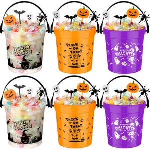 Bucherry 6 Pcs Halloween Trick or Treat Bucket with Handle 4.6 x 3.8 x 4.8 Inches Plastic Candy Baskets with 12 Pcs Pumpkin Bat Spider Skull Picks for Party Supplies and Home Decoration(Mixed)