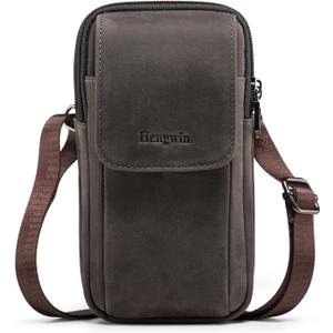 Hengwin Leather Men Cell Phone Holster Wallet Case with Belt Clip Travel Messenger Bag Waist Pouch Crossbody Purse Fit for iPhone 16 Pro Max 15 Pro Max 14 Pro Max Samsung Galaxy S25 Ultra S24+ (Grey)