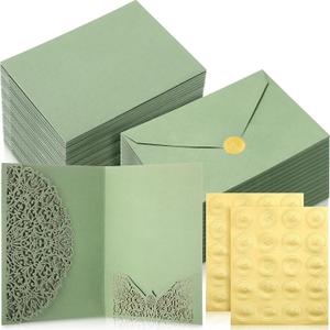 PerKoop 100 Set 5 x 7 Laser Cut Wedding Invitation with Envelopes and Wax Seal Stickers Blank Pocket Invitation Cards Kit for Wedding Bridal Shower Engagement Invite(Sage Green)