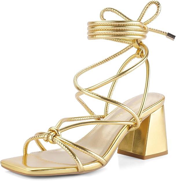 Shoe'N Tale Lace Up Heels for Women Ankle Strappy Gladiator High Heeled Sandals Chunky Block Heel Square Open Toe Criss Cross Dress Shoes(8, Gold)
