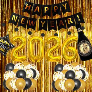 2026 New Years Eve Party Supplies Kit – New Year Decorations Includes Foil Curtains, "Happy New Year" Banners, Foil Balloons, Wine Glass Balloon & Latex Balloons – Perfect for NYE Decor Black Gold