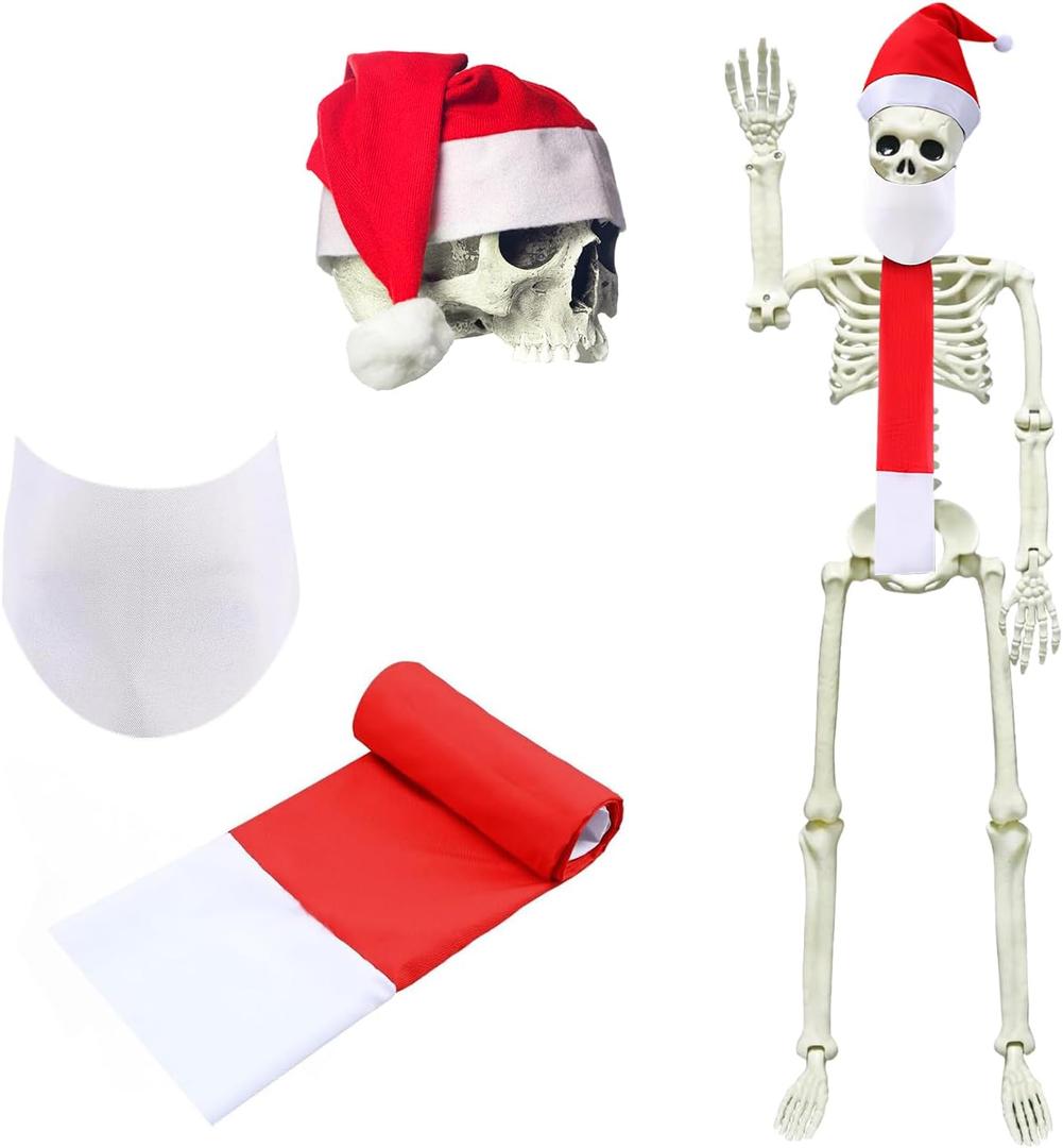 3 Ft Christmas Skeleton Decoration Accessories,3 Pcs Outfit with Santa Hat, Christmas Skeleton Scarf & Beard Set,Outdoor Christmas Decor Accessories for Patio, Lawn & Garden