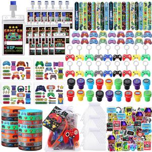 RoundFunny 158 Pcs Video Game Party Favors Birthday Supplies Included Game Console Handle Keychain Ring Wristband Sticker Stamper Pat Bracelet Organza Bag for Gamer Party Gift Bag Gift Rewards