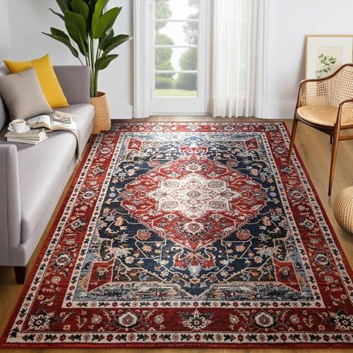YJ.GWL Large Area Rug for Living Room, 5x8 Machine Washable Boho Rug for Bedroom, Low Pile Lightweight Thin Rugs Floral Vintage Distress Print Pattern Carpet for Dining Room, Red