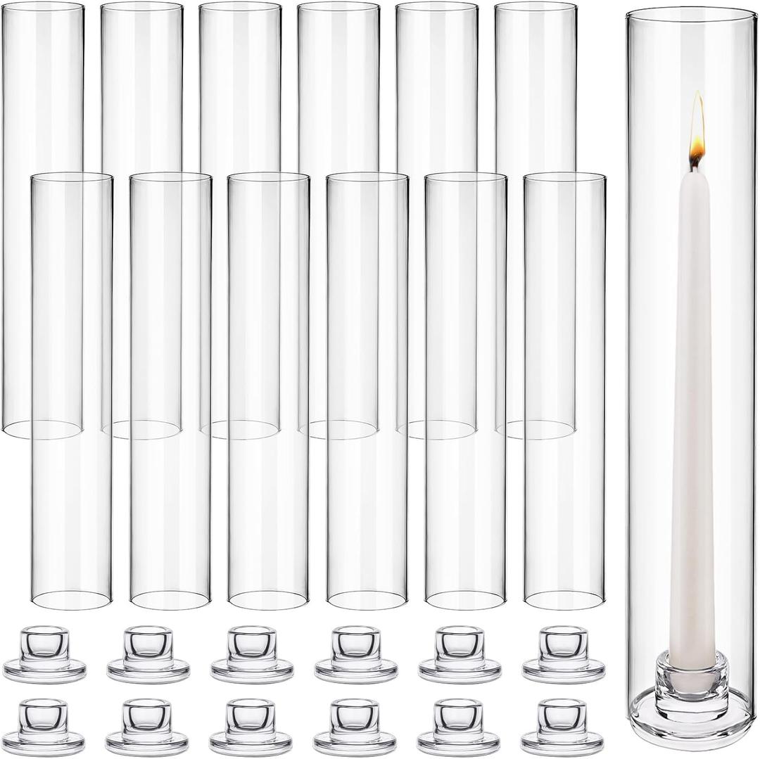 12 Set Glass Hurricane Candle Holders 11.8" Open Ended Glass Candleholder Tube Shape Bottomless and 2.1" Taper Clear Candlestick Holder Bulk for Wedding Party Table Centerpiece Home Decor (12, Clear)