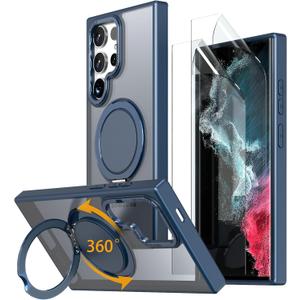 Magnetic Stand Case for Samsung Galaxy S22 Ultra/S23 Ultra [with 2 Screen Protectors] [360 Rotation Magnetic Stand] [Compatible with Magsafe] Military-Grade Drop Protection Case, Blue
