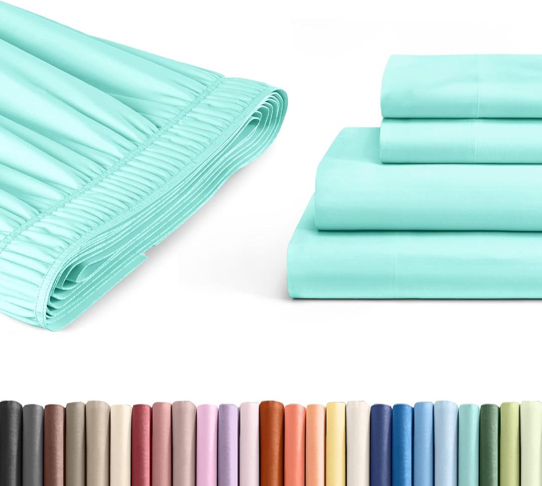 4 Piece Queen Spa Blue Bed Sheet Set + Spa Blue Adjustable Bedskirt with 15" Drop Bundle - Hotel Luxury Quality Sheets w/ 21 Extra Deep Pockets - Breathable, Cooling, Soft & Wrinkle Free - Oeko-Tex