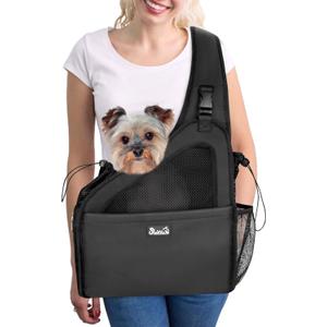 SlowTon Pet Dog Sling Carrier, Hands Free Hard Bottom Papoose Small Animal Puppy Up to 12 lbs Travel Bag Tote Breathable Mesh Support Adjustable Padded Strap Pocket Safety Belt Machine Washable (Black)