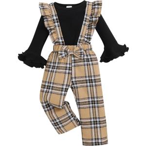 Renotemy Toddler Baby Girl Clothes Fall Winter Overalls Jumpsuit Ribbed Knit Sweater Plaid Suspender Pant 2PCS Outfits 12M-4T (12-18 Months, Black Brown Plaid)