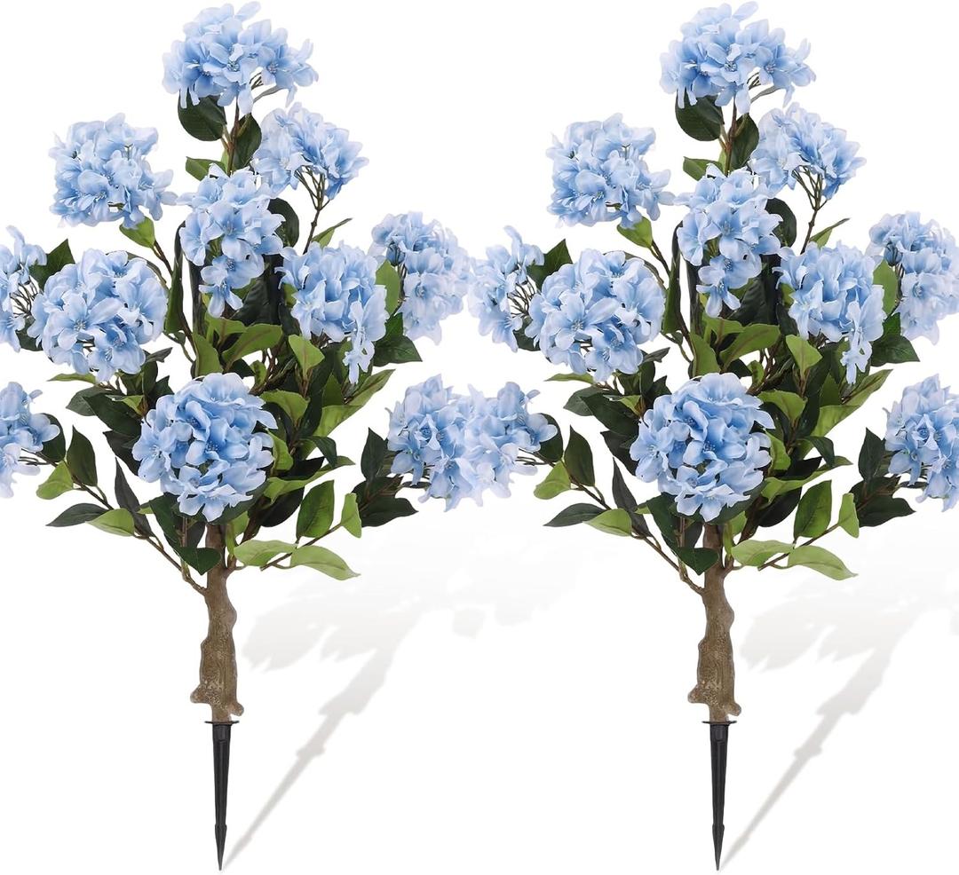 Lunmon 2 Pack Artificial Hydrangea Trees with Spikes, 24Inch Faux Hydrangea Outdoor Plants Bushes Realistic Fake Silk Flower for Planter Home Wedding Garden Patio Yard Decor(Blue)