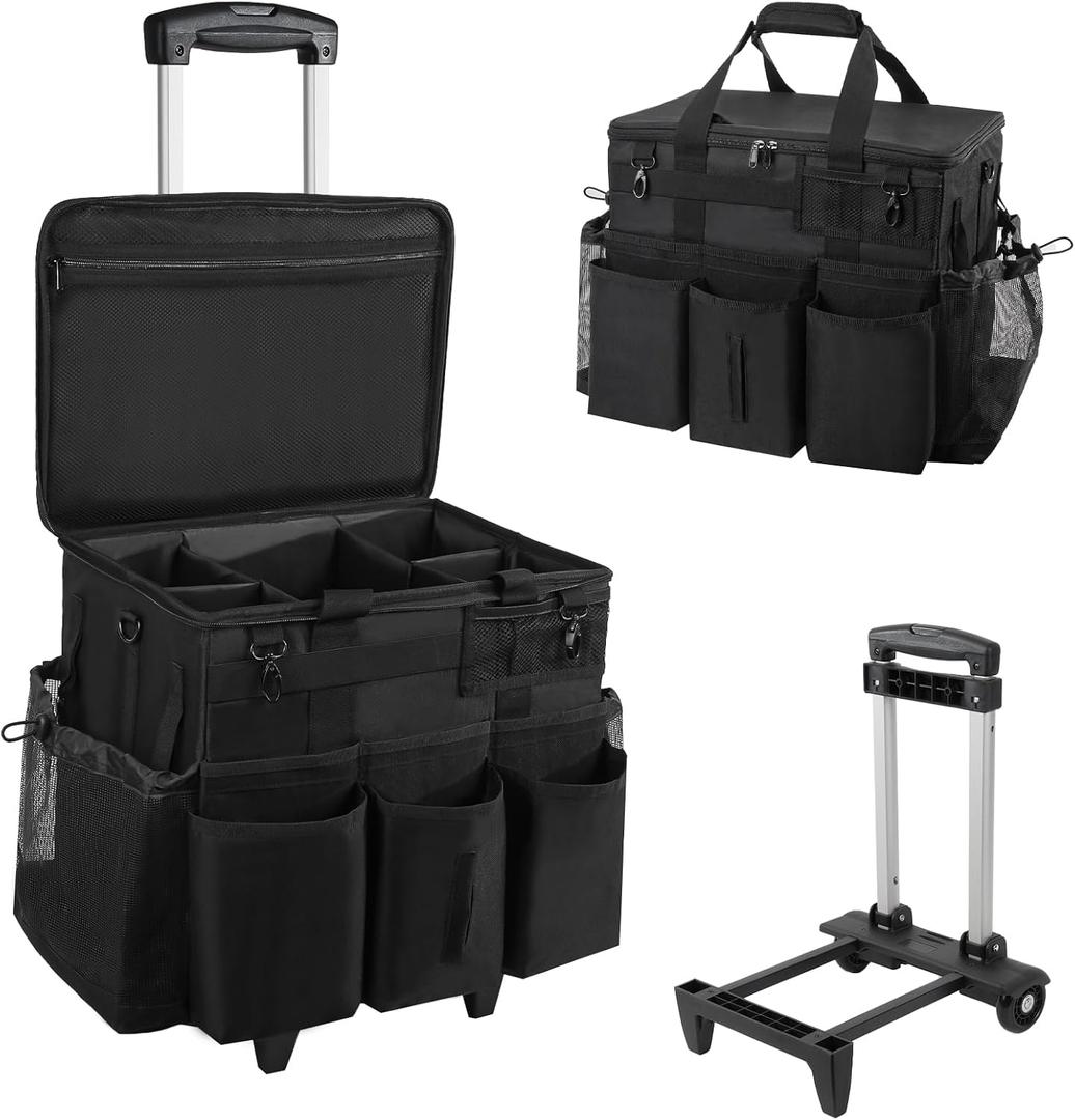 SCAVATA Rolling Cleaning Caddy Bag with Detachable Trolley, Large Cleaning Supplies Organizer with Wheels, Multi Pocket Cleaning Cart with Adjustable Shoulder Strap for Housekeepers & Home Use, Black