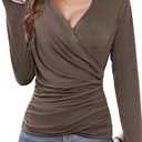 Women's Deep V Neck Cross Wrap Top, Long Sleeve Trendy Fall Ruched Asymmetricl Slim Fit Dressy Blouse Coffee XXL