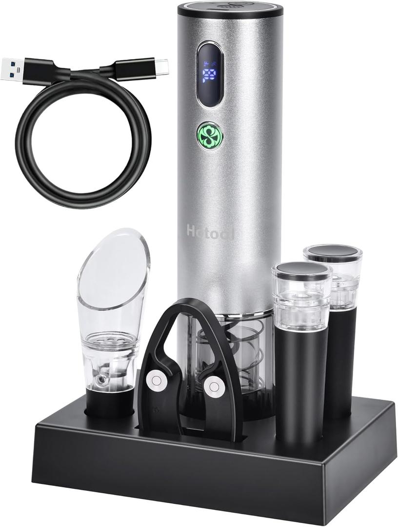 Electric Wine Opener with Wine Accessories -Rechargeable Wine Bottle Opener Set with Base, Wine Aerator, Foil Cutter and Wine Stoppers- Perfect Wine Gifts for Wine Lovers (Metallic Silver)