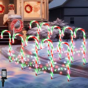 10 in 1 Christmas Candy Cane Snowflake Lights with Stakes, 16Inch 8 Modes Christmas Candy Cane Pathway Marker Lights with Timer for Xmas Walkway Yard Lawn Outdoor Decor(Red, Green, White)