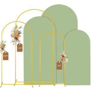 MODFUNS Metal Arch Backdrop Stand and Cover Set 6&6.6&7.2ft Sage Green Arch Backdrop Covers Gold Wedding Arch Stand Set of 3 Spandex Arched Covers for Party Birthday Banquet Wedding Decoration