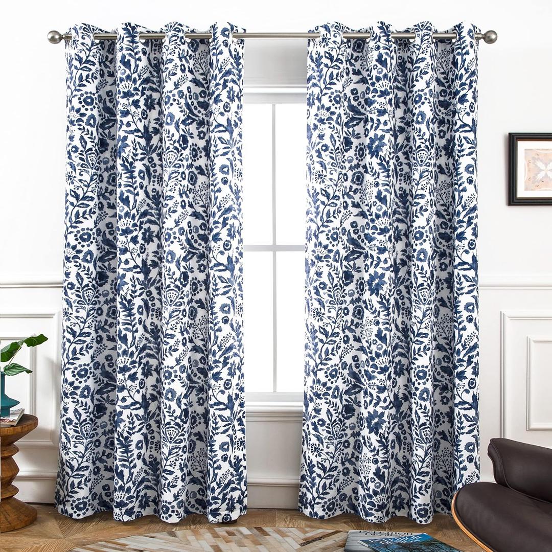 DriftAway Julia Blackout Curtains for Bedroom Navy Floral Watercolor Pattern Double Layer Thermal Insulated Sound Reducing Room Darkening Drapes for Living Room Grommet 2 Panels Each W52 x L84 Navy