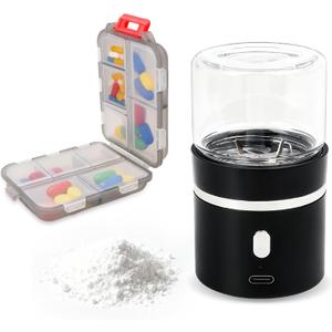 Vnsod Mini Electric Pill Crusher with Pill Organizer, Rechargeable & Washable, Grind and Pulverize Small and Large Pills to Fine Powder, Portable and Easy Operated, Suit for Dysphagia, Elderly, Pet