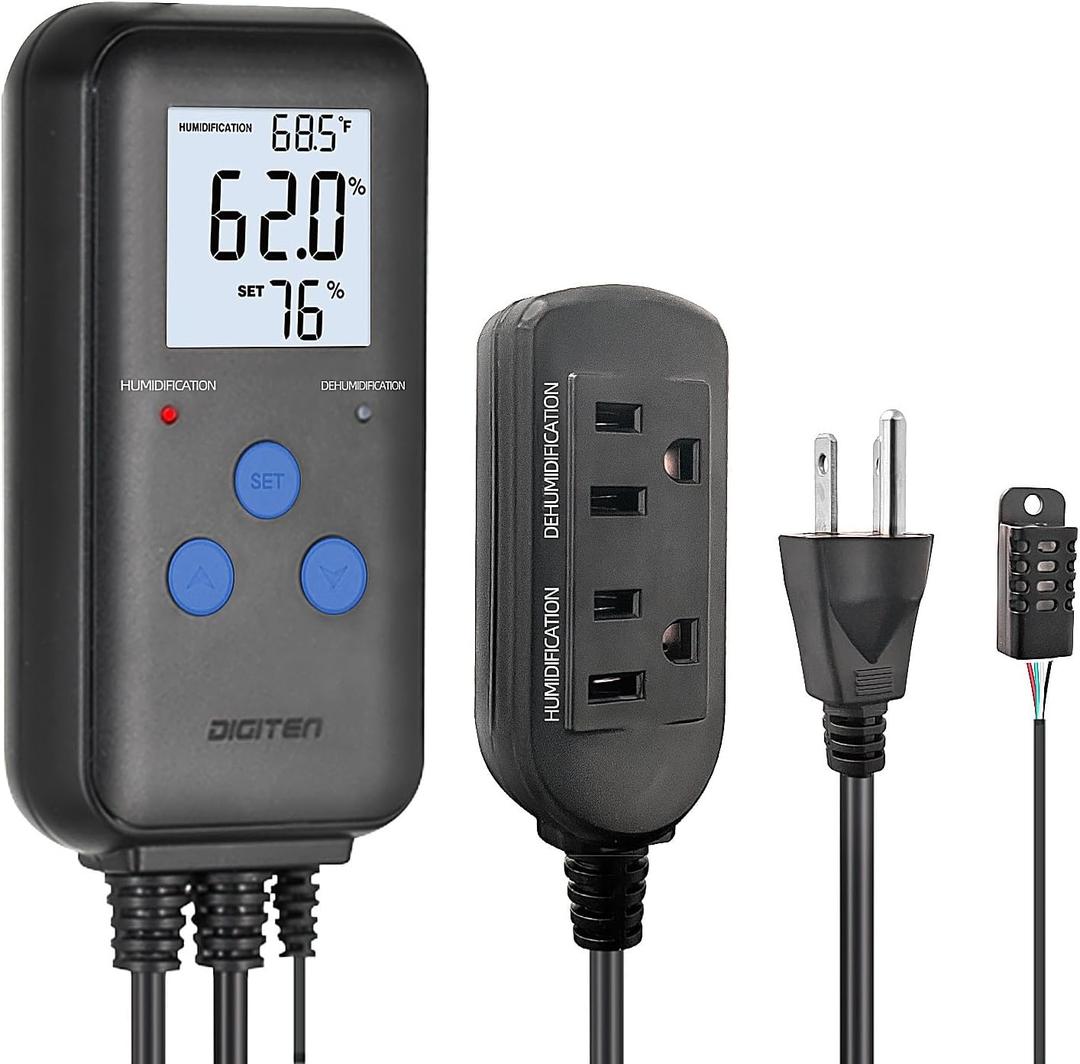 DIGITEN Humidity Controller Pre-Wired Digital Humidistat with Temperature Display, Dual-Stage Outlet Humidifier /Dehumidifier for Mushroom,Reptile, Greenhouse, Fan, Grow Tent